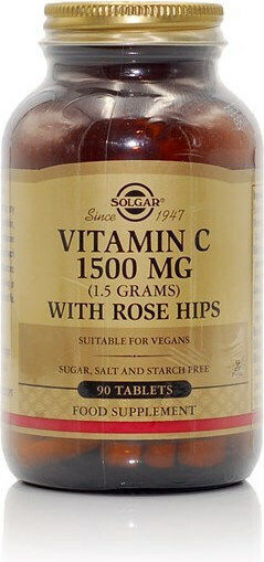 Solgar Vitamin C with Rose Hips Βιταμίνη για Ενίσχυση του Ανοσοποιητικού, τo Δέρμα & Αντιοξειδωτική δράση 1500mg 90 ταμπλέτες