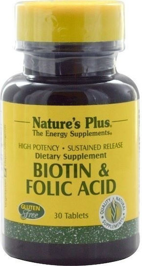 Nature's Plus Biotin & Folate Βιταμίνη για τα Μαλλιά, τo Δέρμα & τα Νύχια 800mcg 30 ταμπλέτες