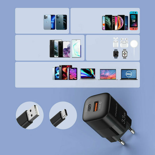 Choetech Wireless Charger GaN With USB-A Output Port And USB-C Output Port 33W Power Delivery Quick Charge 3.0 Black PD5006