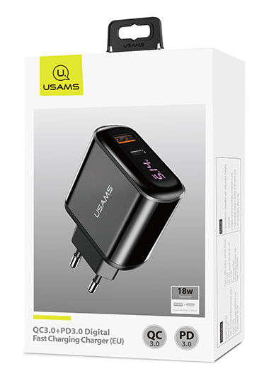 Usams Charger Without Cable with USB-A Port and USB-C Port 18W Blacks (CC085)