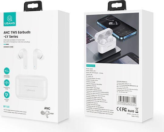 Usams BHULY06 In-ear Bluetooth Handsfree Ακουστικά με Θήκη Φόρτισης Λευκά