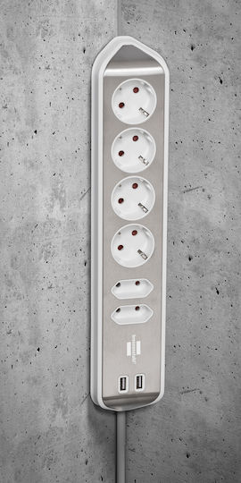 Brennenstuhl Power Strip 6 Positions with 2 USB-A and Cable 2m Silver