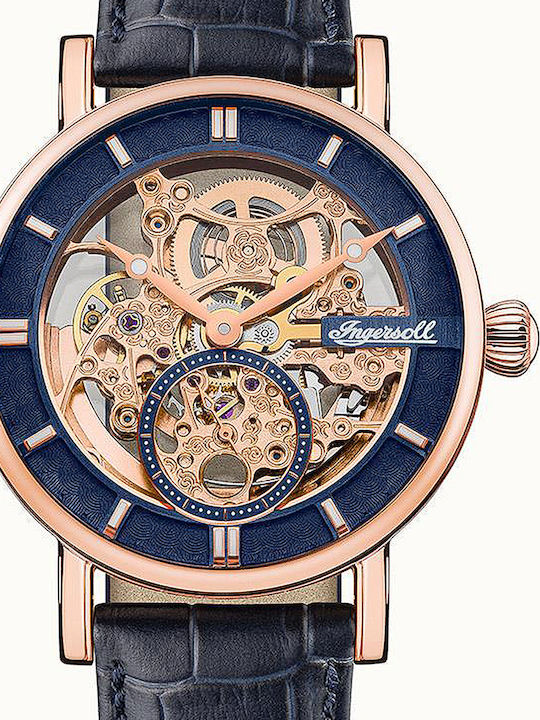 Ingersoll Ανδρικό Ρολόι 40mm Χρονογράφος Αυτόματο με Μπλε Δερμάτινο Λουράκι