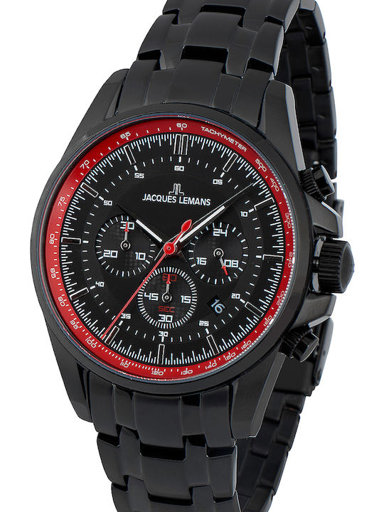 Jacques Lemans Liverpool Ανδρικό Ρολόι 44mm Χρονογράφος Μπαταρίας με Μαύρο Μεταλλικό Μπρασελέ