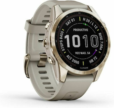 Garmin Fenix 7S Sapphire Solar Titanium 42mm Αδιάβροχο Smartwatch με Παλμογράφο (Cream Gold Titanium with Light Sand Band)