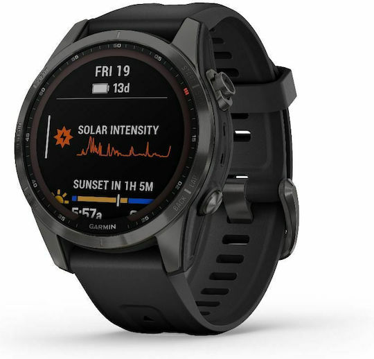 Garmin Fenix 7S Sapphire Solar Titanium 42mm Αδιάβροχο Smartwatch με Παλμογράφο (Carbon Grey DLC Titanium with Black Band)