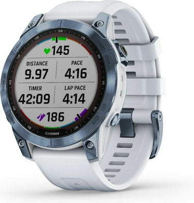 Garmin Fenix 7 Sapphire Solar Titan 47mm Rezistent la apă Ceas inteligent cu pulsometru (Mineral Blue DLC Titanium with Whitestone Band)