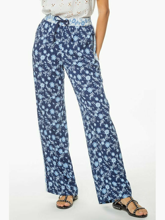 Lydia Women's High-waisted Fabric Trousers with Elastic in Regular Fit Floral Blue