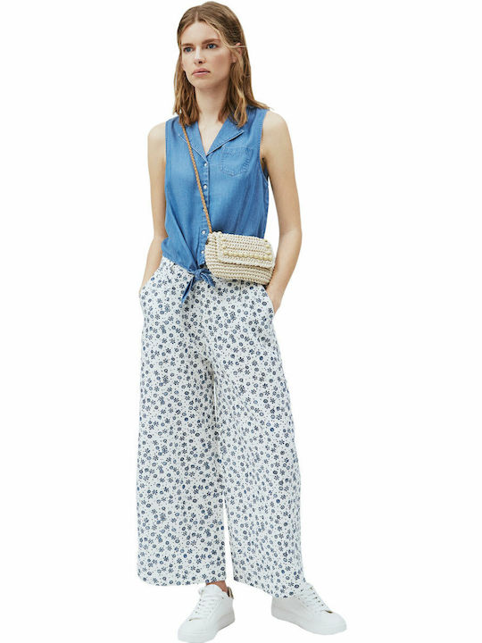 Lois Women's High-waisted Linen Trousers in Wide Line Floral Blue