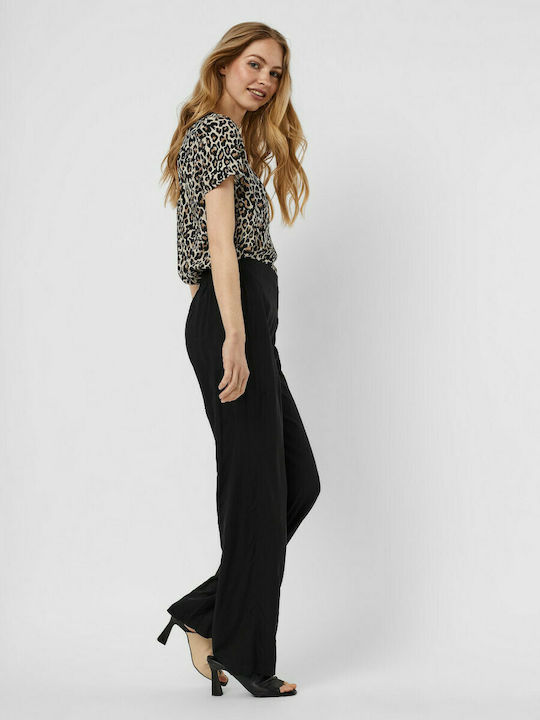 Vero Moda Γυναικεία Ψηλόμεση Υφασμάτινη Παντελόνα με Λάστιχο σε Κανονική Εφαρμογή σε Μαύρο Χρώμα