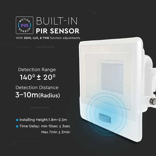 V-TAC Waterproof LED Floodlight 50W Natural White 4000K with Motion Sensor IP65