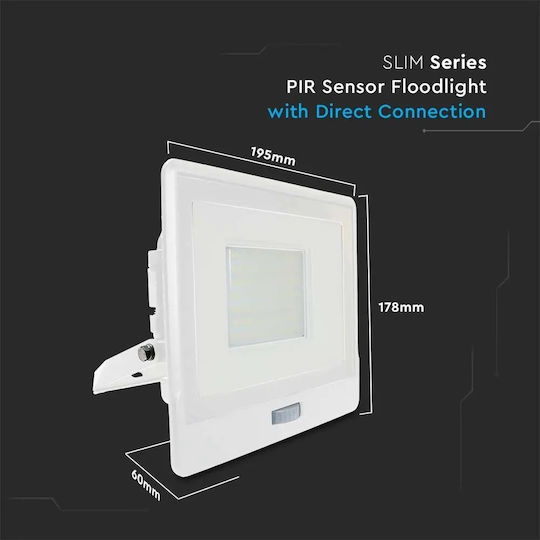 V-TAC Waterproof LED Floodlight 50W Natural White 4000K with Motion Sensor IP65