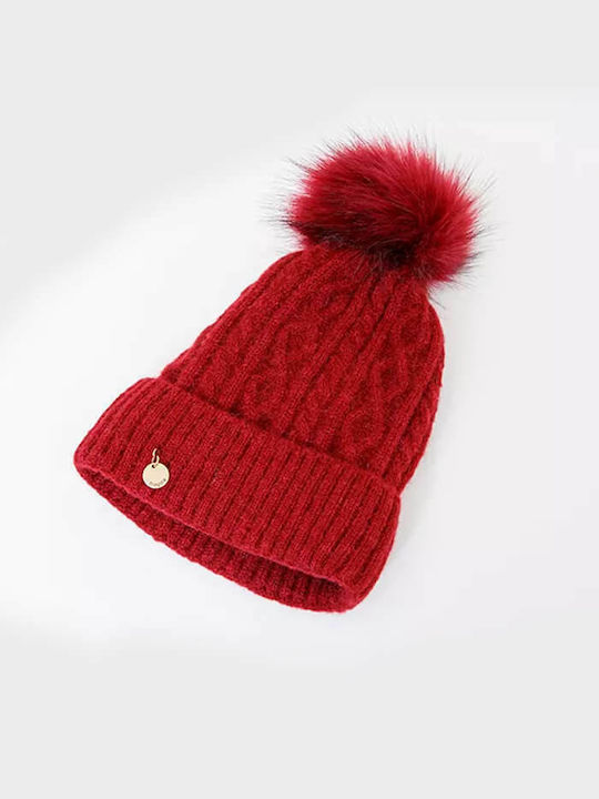 Fragola CP-03 Pom Pom Beanie Frauen Beanie mit Strickmuster in Burgundisch Farbe CP03