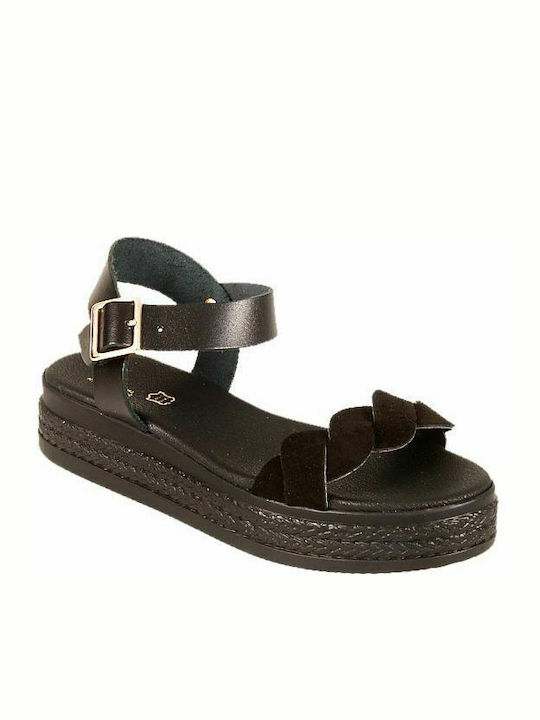 Elenross Leather Women's Flat Sandals with Strap in Black Color