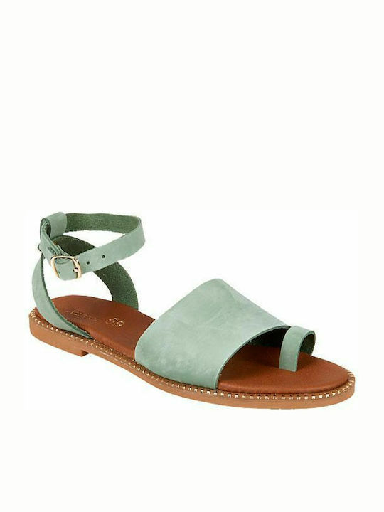 Elenross Leather Women's Flat Sandals with Strap in Green Color