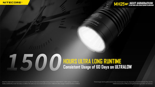 NiteCore Rechargeable Flashlight LED IP68 with Maximum Brightness 1300lm MH25V2 1 × 18650, 2 × CR123, 2 × RCR123 Black