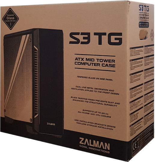 Zalman S3 TG Gaming Midi Tower Κουτί Υπολογιστή με Πλαϊνό Παράθυρο Μαύρο