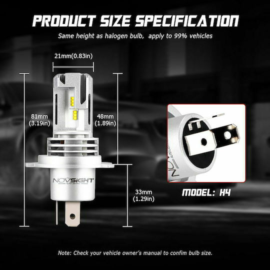 NovSight Λάμπες Αυτοκινήτου N30S H4 LED 6000K Ψυχρό Λευκό 12-24V 55W 2τμχ