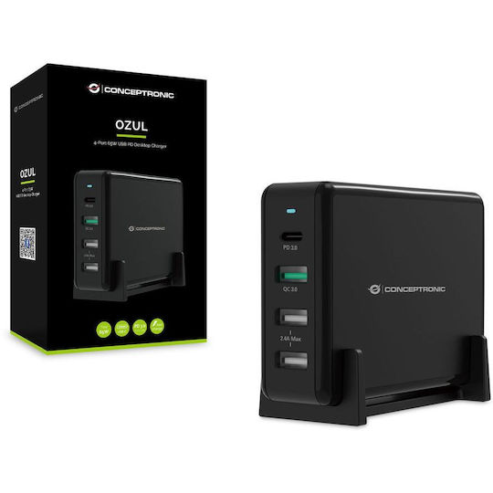 Conceptronic Charging Stand with 3 USB-A Ports and USB-C Port 65W Power Delivery / Quick Charge 3.0 in Black color (OZUL01B)