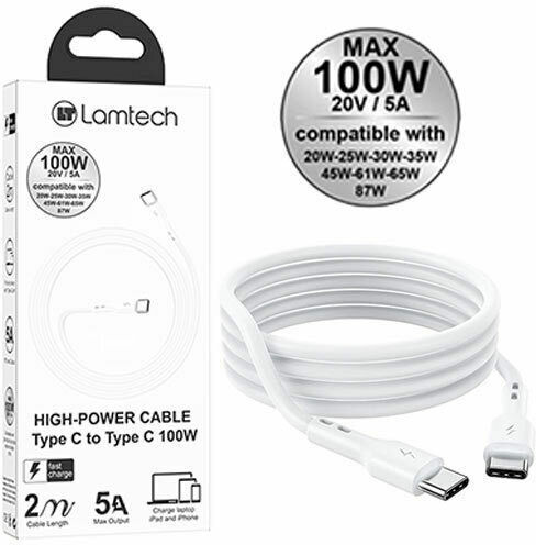 Lamtech USB 2.0 Cable USB-C male - USB-C 100W PD Λευκό 2m LAM023664