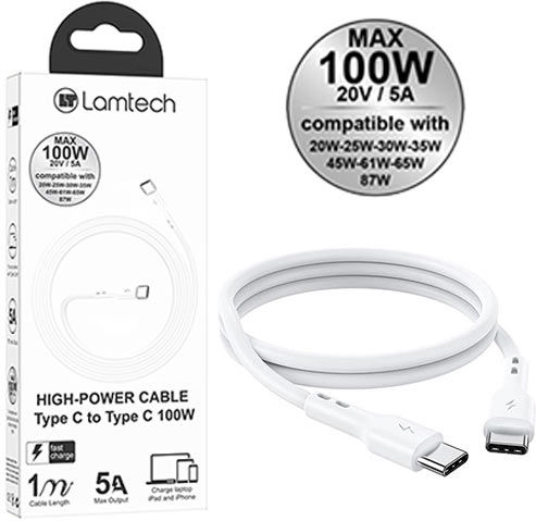 Lamtech USB 2.0 Cable USB-C male - USB-C 100W PD Λευκό 1m LAM023657