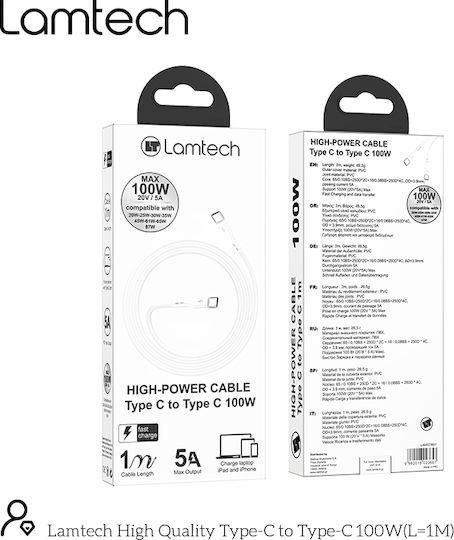 Lamtech USB 2.0 Cable USB-C male - USB-C 100W PD Λευκό 1m LAM023657