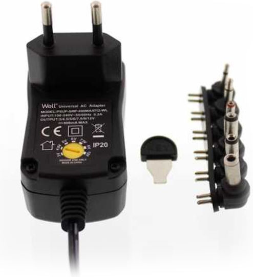 Well Universal Τροφοδοτικό Ρυθμιζόμενης Τάσης 12V 0.6A με Ισχύ 7W με σετ βυσμάτων (PSUP-SMP-600MA)