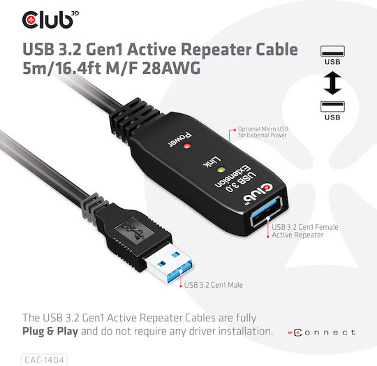 Club3D USB 3.1 Cable USB-A male - USB-A female Μαύρο 5m (CAC-1404)