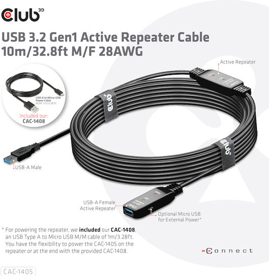 Club3D USB 3.1 Cable USB-A male - USB-A female Μαύρο 10m (CAC-1405)