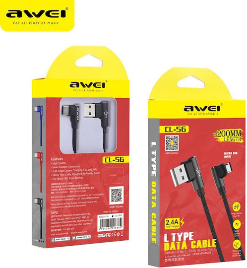Awei Angle (90°) / Braided USB 2.0 to micro USB Cable Μαύρο 1.2m (CL-56)
