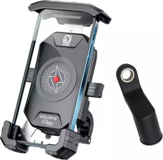 Kewig M14-Α1 Mount Phone Motorcycle with Adjustable Arm for Steering Wheel 3.5" to 7" for Bike/Bike with Wired and Wireless Charging (Qi 15W)