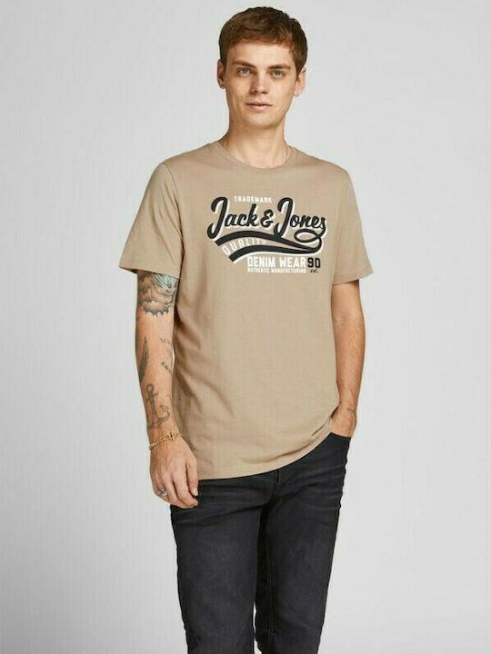 Jack & Jones Ανδρικό T-shirt Μπεζ με Στάμπα