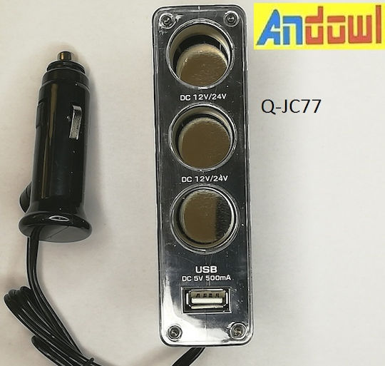 Andowl Car Charger with Ports: 1xUSB 3xLighter Black Color