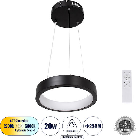 GloboStar Nemesis Κρεμαστό Φωτιστικό Μαύρο LED με Ρυθμιζόμενο Λευκό Φως 31x31εκ.