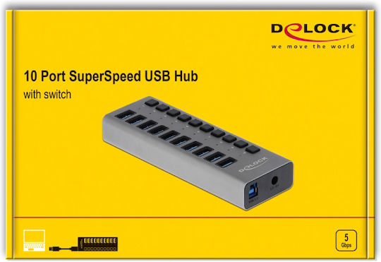 DeLock Hub 10 Porturi USB 3.0 cu Conectare USB-A Gri