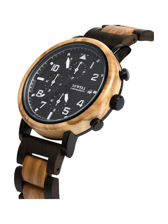 Bewell Poseidon Ανδρικό Ρολόι 43mm Χρονογράφος Μπαταρίας με Ξύλινο Μπρασελέ Black Olive