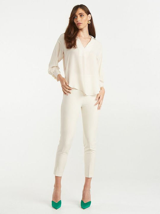 Damen Bluse Langärmelig mit V-Ausschnitt Creme