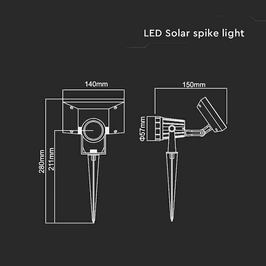 V-TAC VT-952 Spiked Lampă Solară 2W 40lm Alb Rece 6400K cu Fotocelulă IP65 14cmx15cmx28cmcm