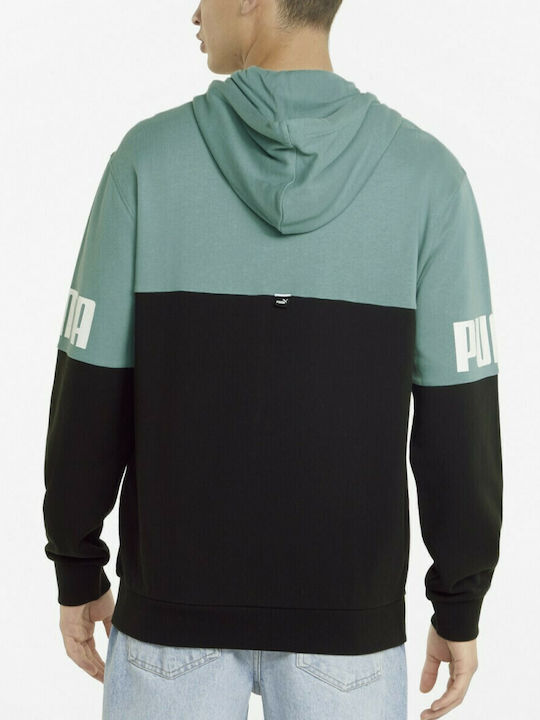 Puma Power Colorblock Men's Sweatshirt Jacket with Hood and Pockets Black / Green