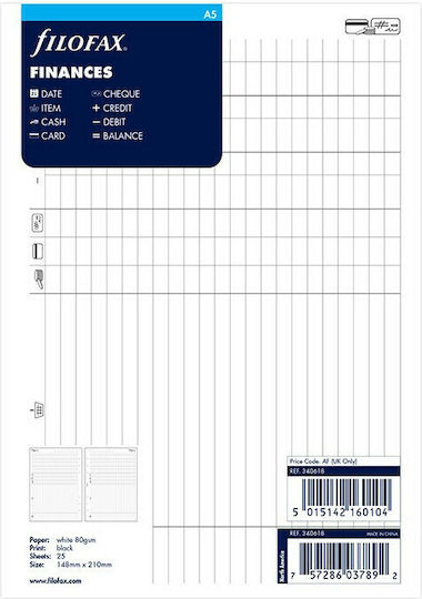 Filofax Ανταλλακτικές Κόλλες A5 25 Φύλλων Ριγέ Λευκές