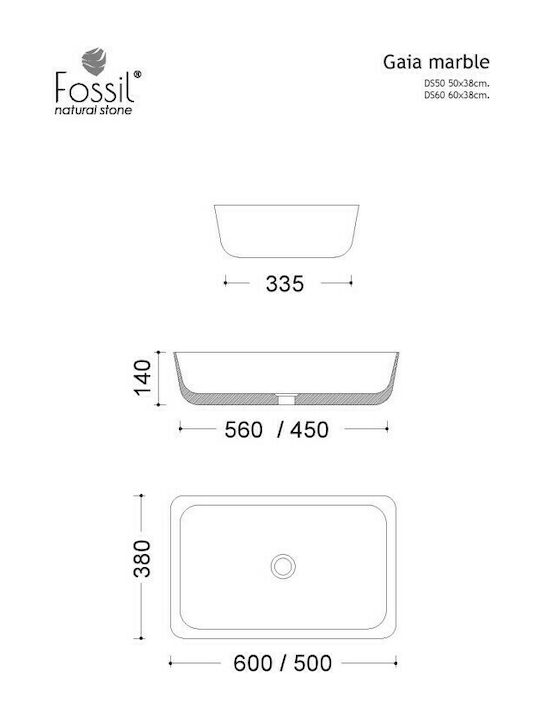 Fossil Gaia Надеждна мивка мрамор 60x38x14см Бял
