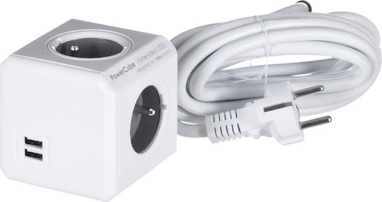 Allocacoc Extended PowerCube 4 Prize cu 2 USB-A și Cablu 3m Gri