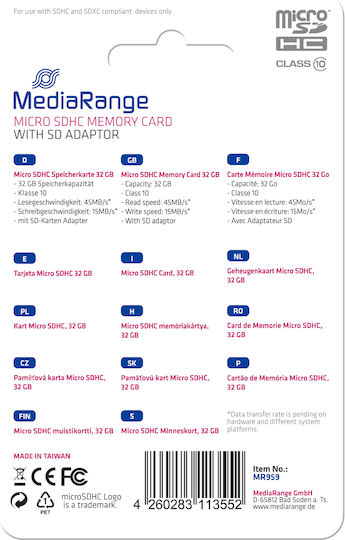 MediaRange MR959 microSDHC 32GB Class 10 A1 High Speed 80MB/s με αντάπτορα