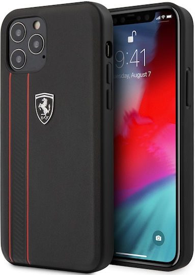 Ferrari Off Track Hard Leather Embossed Stripes Umschlag Rückseite Leder Schwarz (iPhone 12 Pro Max)