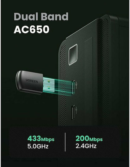 Ugreen AC650 Αντάπτορας Δικτύου USB με Ασύρματη Σύνδεση Wi-Fi 633Mbps