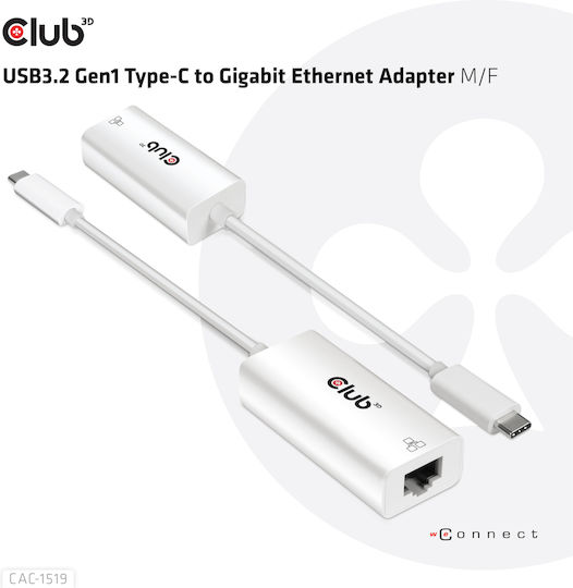 Club3D CAC-1519 USB-C Netzwerkadapter mit Verkabelter Verbindung Gigabit Ethernet
