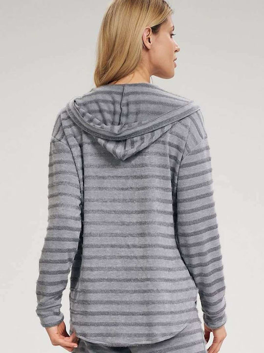 Figl Damen Bluse Langärmelig mit Kapuze Gestreift Gray