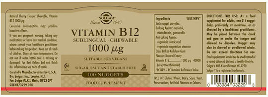 Solgar Vitamin B12 Vitamin für die Gesundheit des Nervensystems 1000mcg 100 Sublingualtabletten