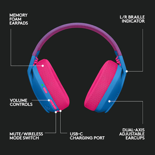 Logitech G435 Lightspeed Fără fir Over Ear Gaming Headset cu conexiune Bluetooth / USB Blue / Fuchsia