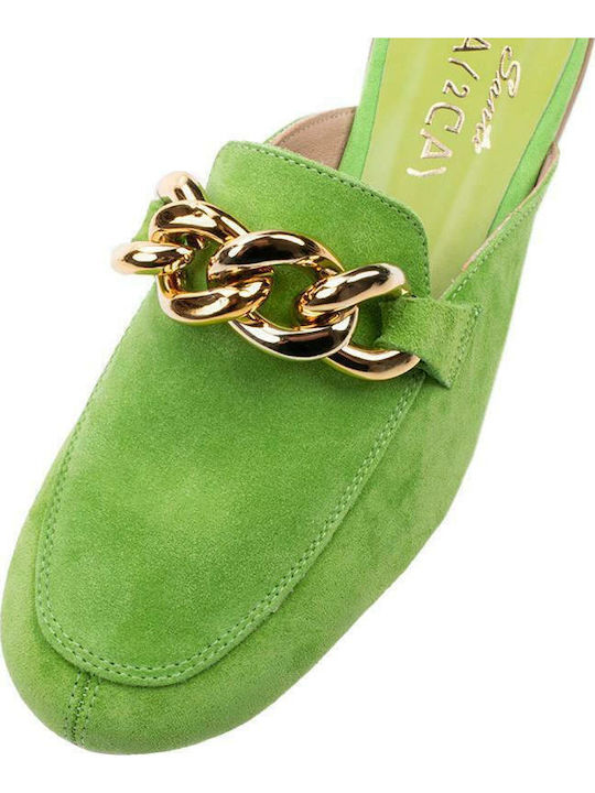 Flat Suede Mules in Green Color